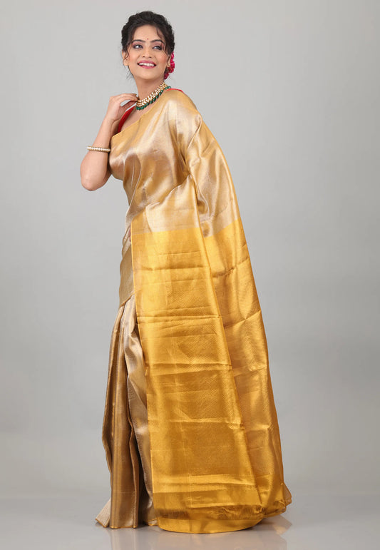 Golden Brocade Pure Tissue Kanjivaram Silk Saree With Blouse Piece  - Adi Akshoy & Co.