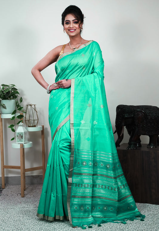 Sea Green Tussar Silk Saree with Blouse Piece