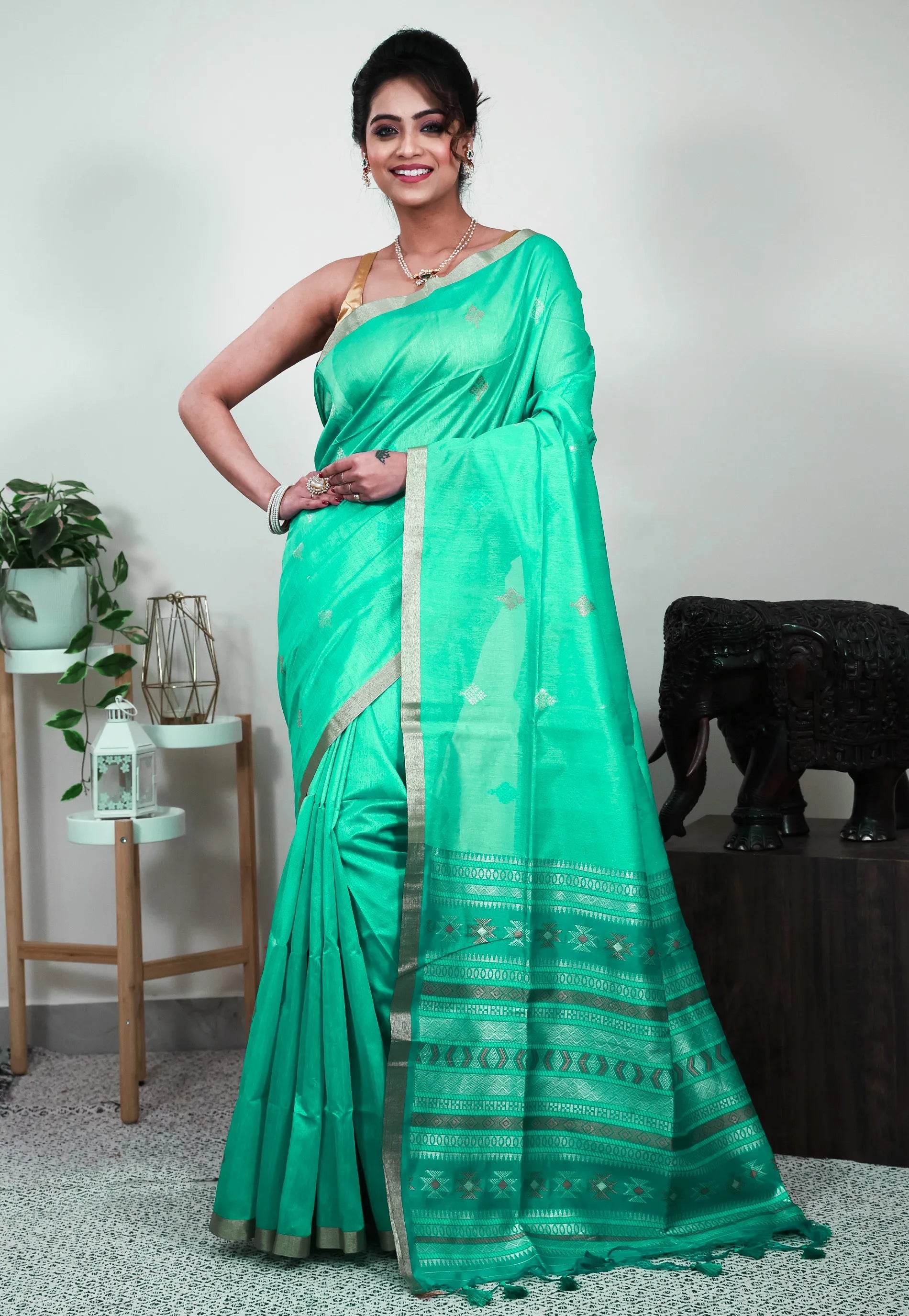 Sea Green Tussar Silk Saree with Blouse Piece - Adi Akshoy & Co.