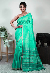 Sea Green Tussar Silk Saree with Blouse Piece - Adi Akshoy & Co.