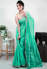 Sea Green Tussar Silk Saree with Blouse Piece - Adi Akshoy & Co.