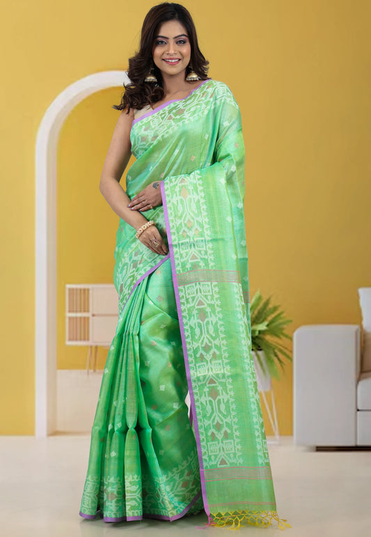 Light Mint Green Dhakai Jamdani Pure Tussar Silk Saree with Blouse Piece