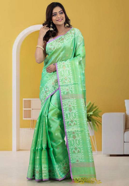 Light Mint Green Dhakai Jamdani Pure Tussar Silk Saree with Blouse Piece