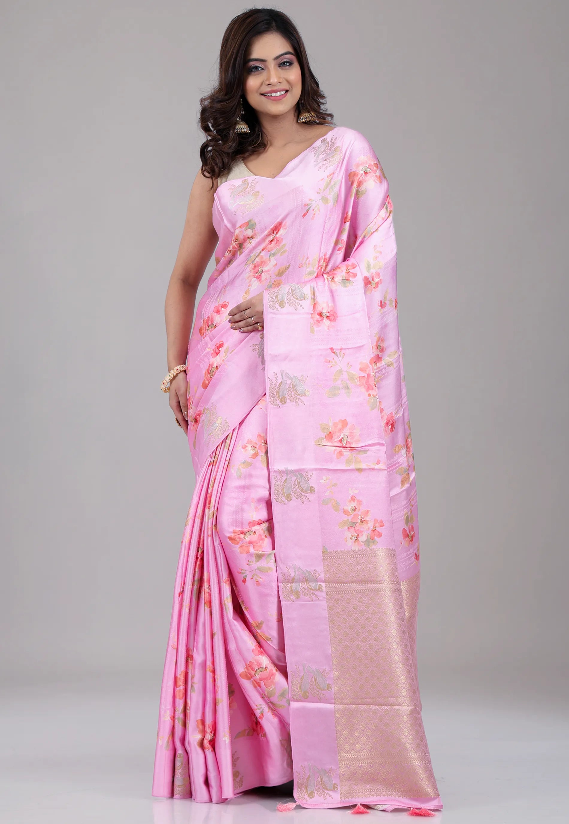Floral Pink Mashru Silk Saree with Blouse Piece