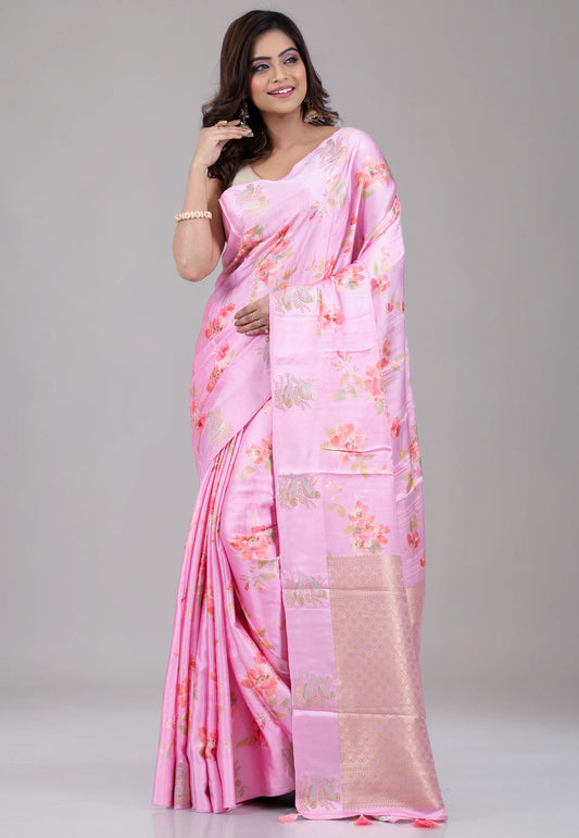 Floral Pink Mashru Silk Saree with Blouse Piece