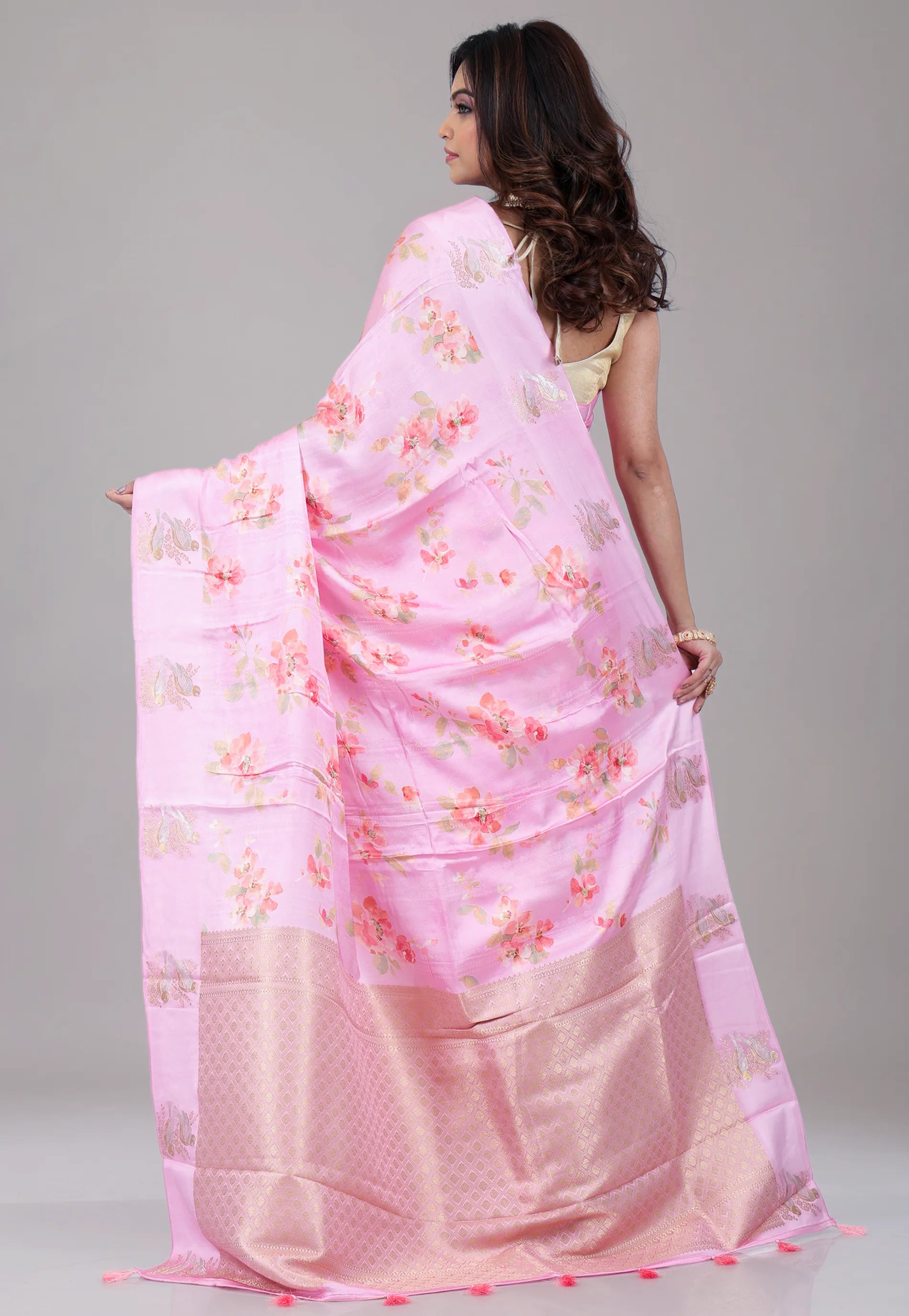 Floral Pink Mashru Silk Saree with Blouse Piece