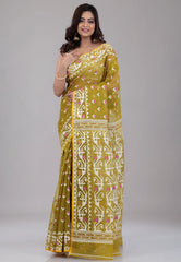 Olive Green Dhakai Jamdani Cotton Saree without Blouse Piece