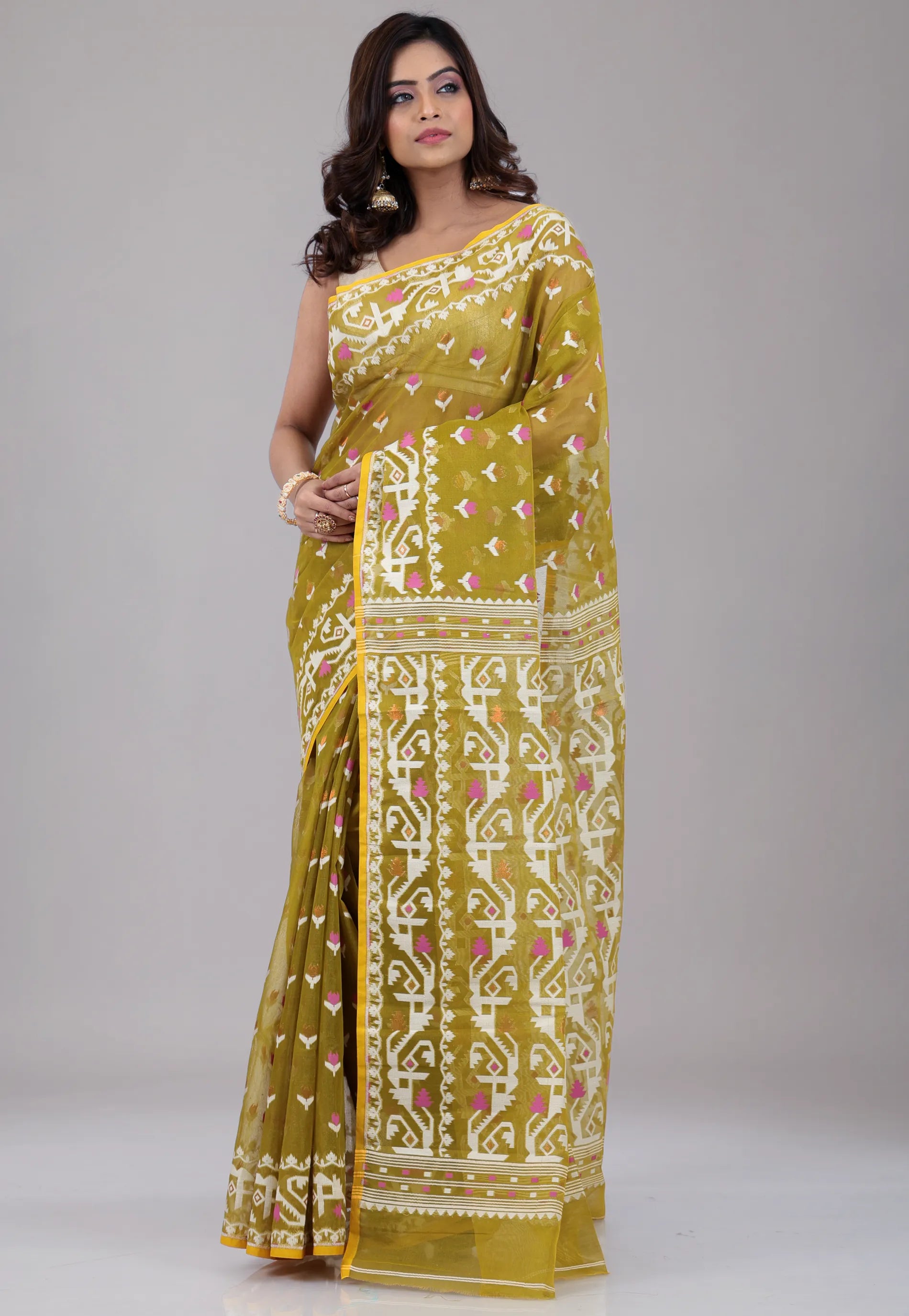 Olive Green Dhakai Jamdani Cotton Saree without Blouse Piece