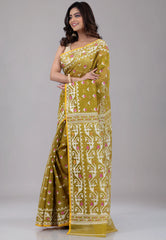 Olive Green Dhakai Jamdani Cotton Saree without Blouse Piece