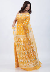 Mustard Yellow Dhakai Jamdani Cotton Saree without Blouse Piece