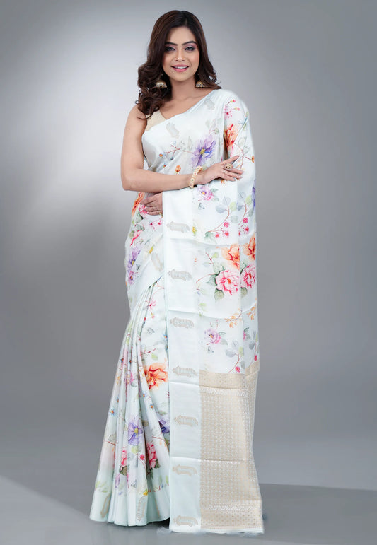 Light Sky Blue Digital Print Mashru Silk Saree with Blouse Piece