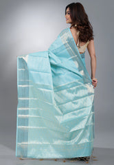 Sky Blue Brocade Kanjivaram with Silver Zari work with Blouse Piece