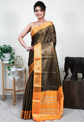 Black with Golden Yellow Border Tissue Silk Saree With Blouse Piece