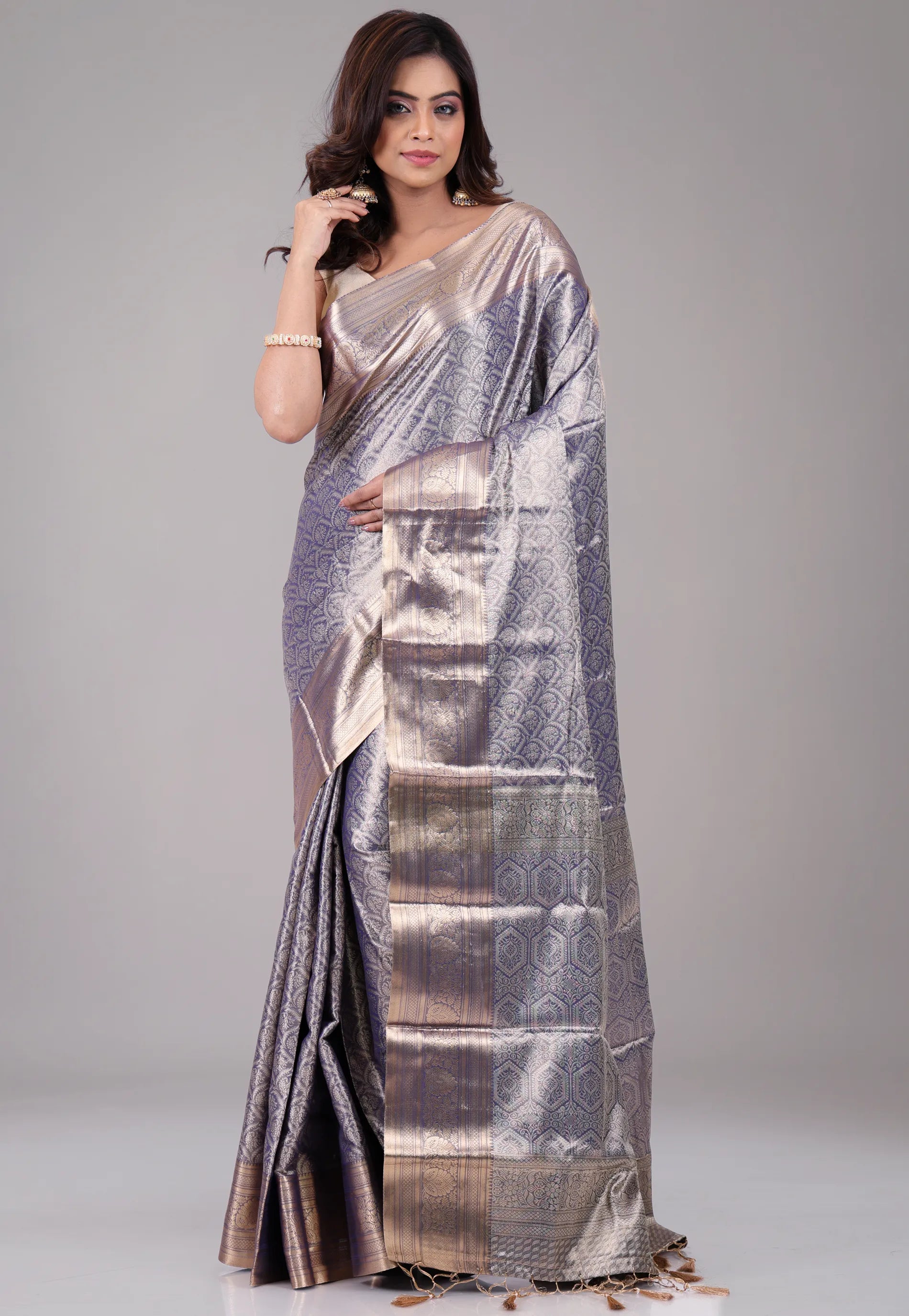 Navy Blue Brocade Kanjivaram with Golden Zari work with Blouse Piece