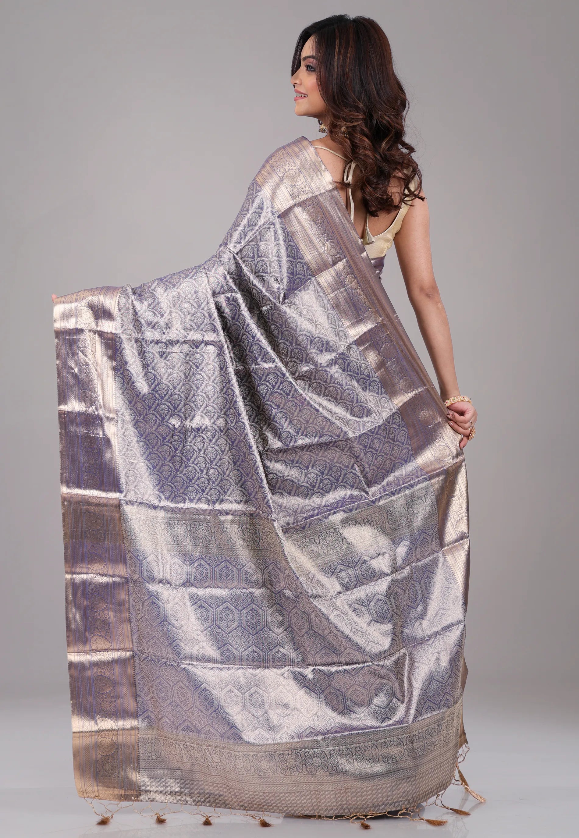 Navy Blue Brocade Kanjivaram with Golden Zari work with Blouse Piece