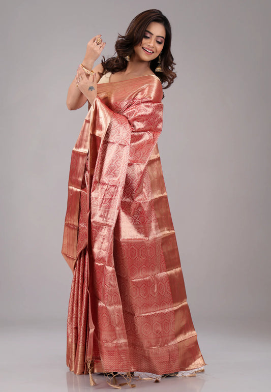 Red with Golden Zari work Kanjivaram with Blouse Piece