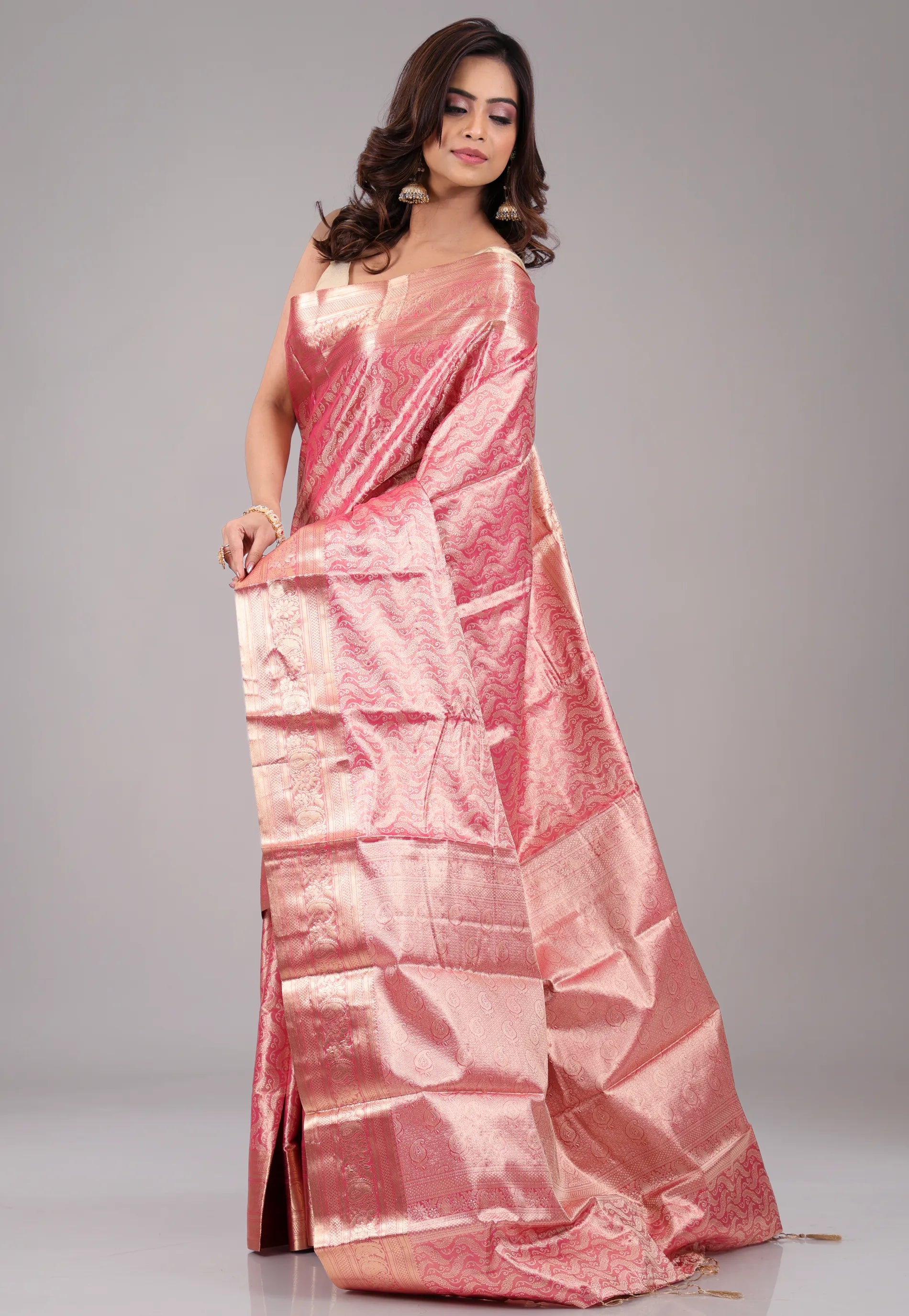 Rani Pink with Golden Zari work Kanjivaram with Blouse Piece