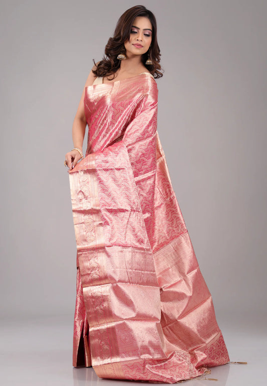 Rani Pink with Golden Zari work Kanjivaram with Blouse Piece