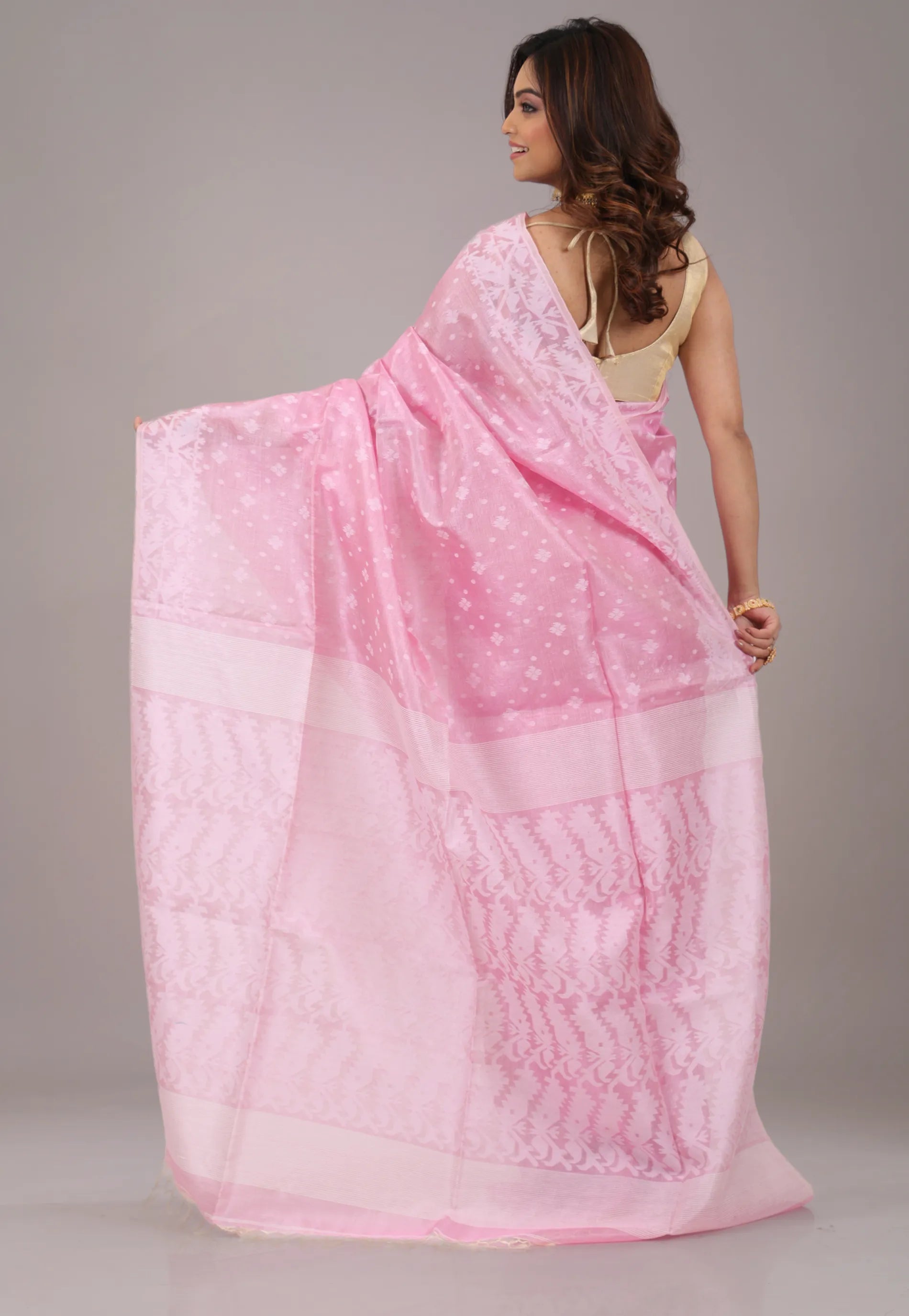 Pink Dhakai Jamdani Pure Tussar Silk Saree with Blouse Piece