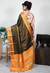 Black with Golden Yellow Border Tissue Silk Saree With Blouse Piece