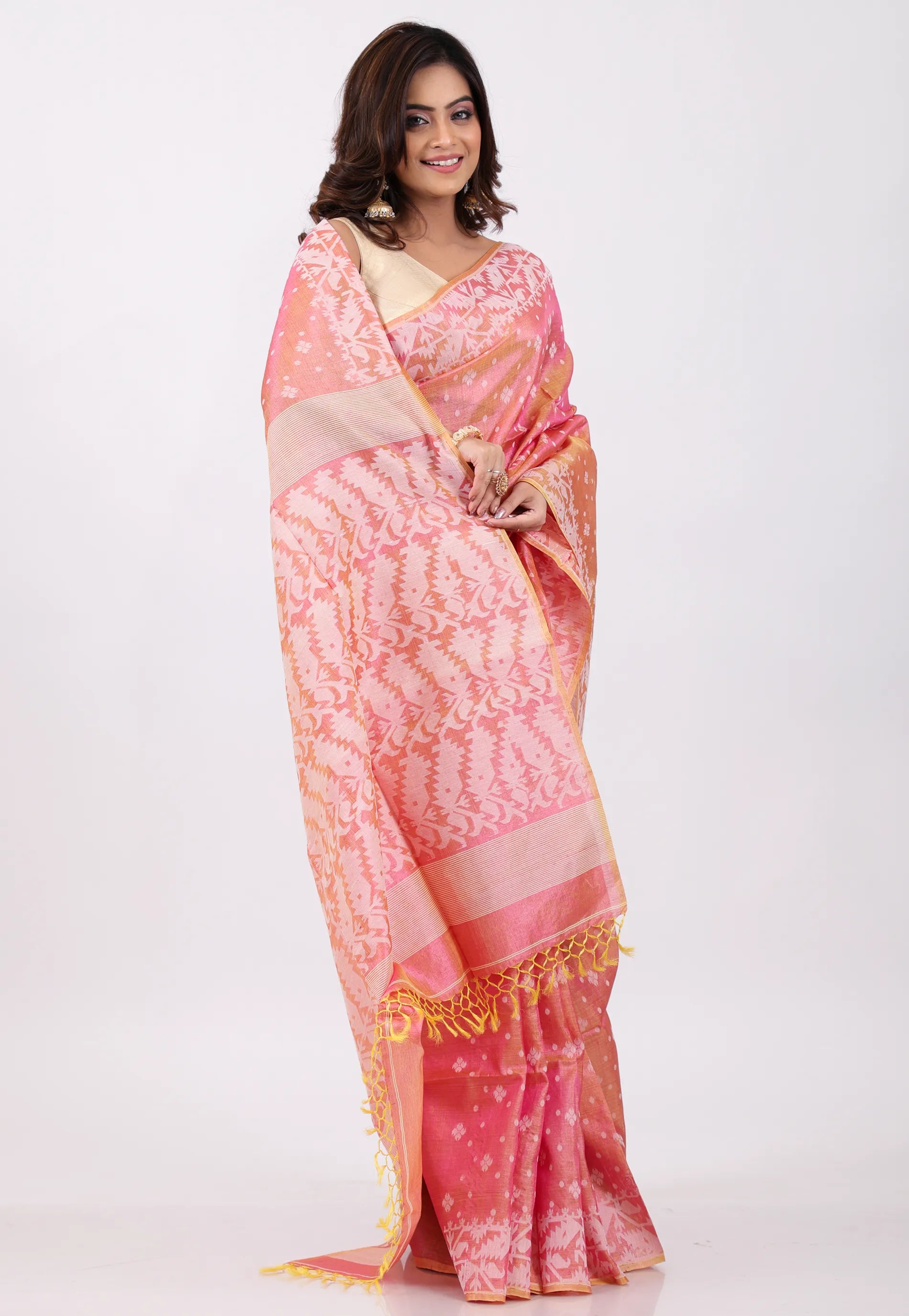 Rust Colour Dhakai Jamdani Pure Tussar Silk Saree with Blouse Piece