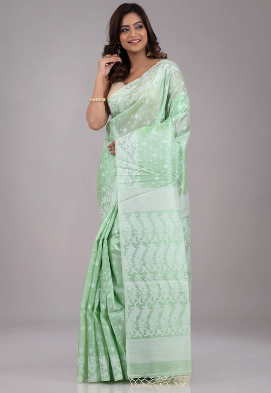 Light Green Dhakai Jamdani Pure Tussar Silk Saree with Blouse Piece