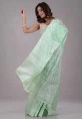Light Green Dhakai Jamdani Pure Tussar Silk Saree with Blouse Piece