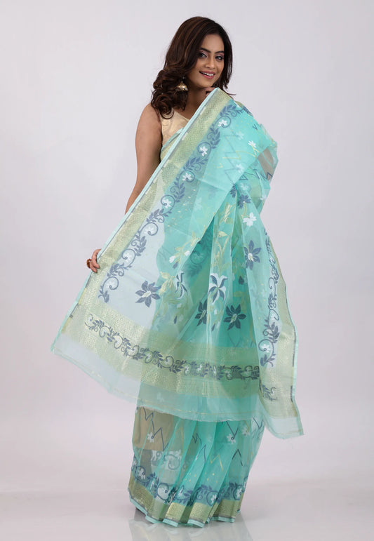 Sky Blue with Golden Zari work Border Dhakai Jamdani Cotton Saree without Blouse Piece - Adi Akshoy & Co.