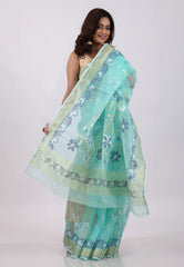 Sky Blue with Golden Zari work Border Dhakai Jamdani Cotton Saree without Blouse Piece - Adi Akshoy & Co.