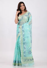 Sky Blue with Golden Zari work Border Dhakai Jamdani Cotton Saree without Blouse Piece - Adi Akshoy & Co.