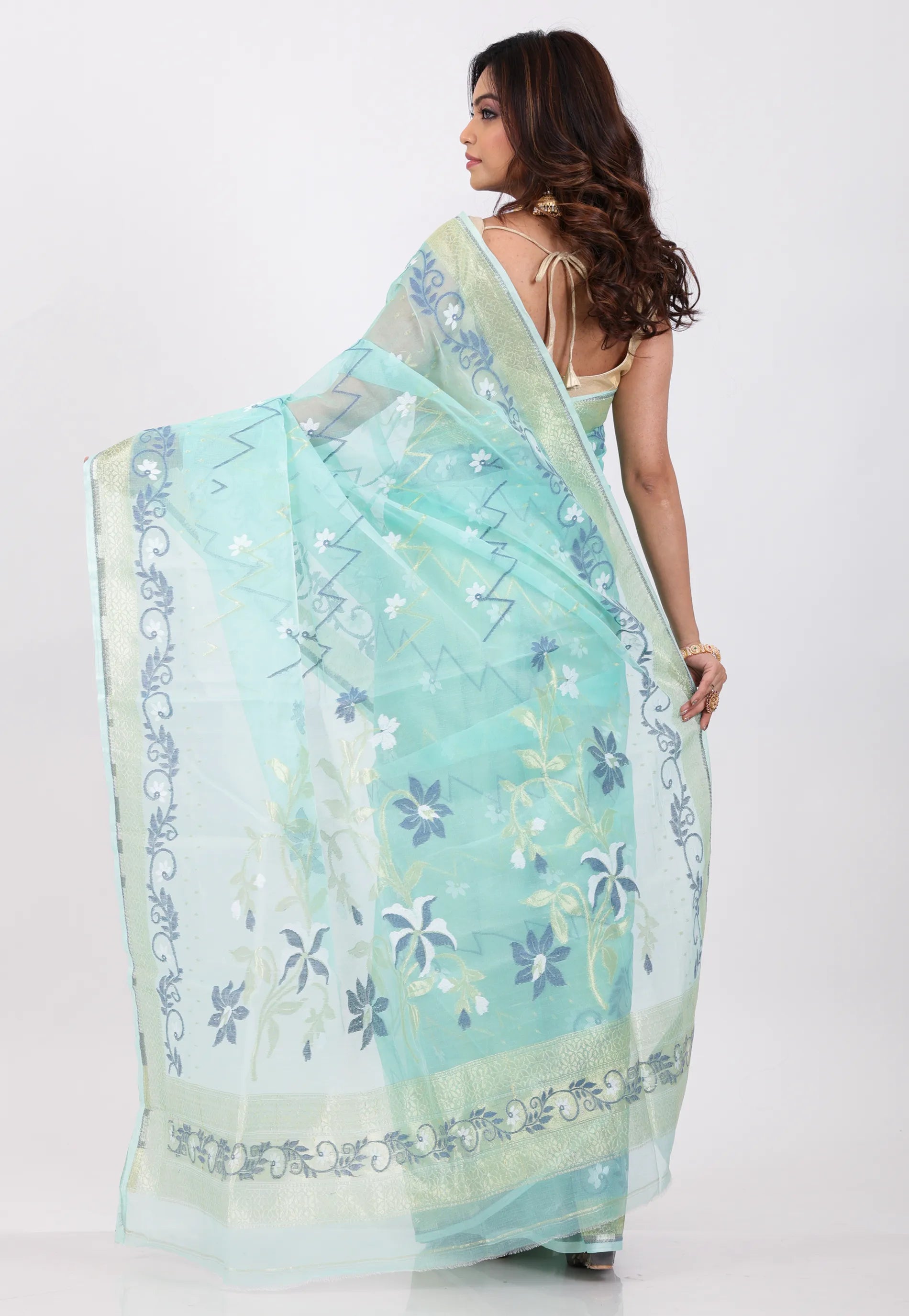 Sky Blue with Golden Zari work Border Dhakai Jamdani Cotton Saree without Blouse Piece - Adi Akshoy & Co.