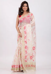 Beige with Golden Zari work Border Dhakai Jamdani Cotton Saree without Blouse Piece