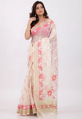Beige with Golden Zari work Border Dhakai Jamdani Cotton Saree without Blouse Piece