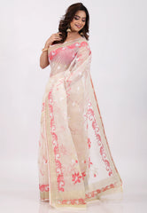 Beige with Golden Zari work Border Dhakai Jamdani Cotton Saree without Blouse Piece