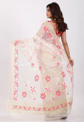 Beige with Golden Zari work Border Dhakai Jamdani Cotton Saree without Blouse Piece