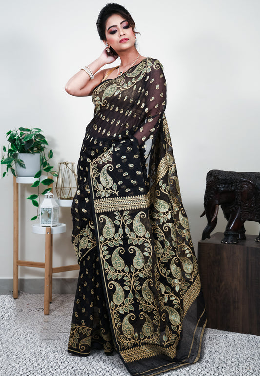 Black Dhakai Jamdani Cotton Saree without Blouse Piece