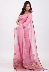 Onion Pink Kantha Silk Saree With Blouse Piece - Adi Akshoy & Co.
