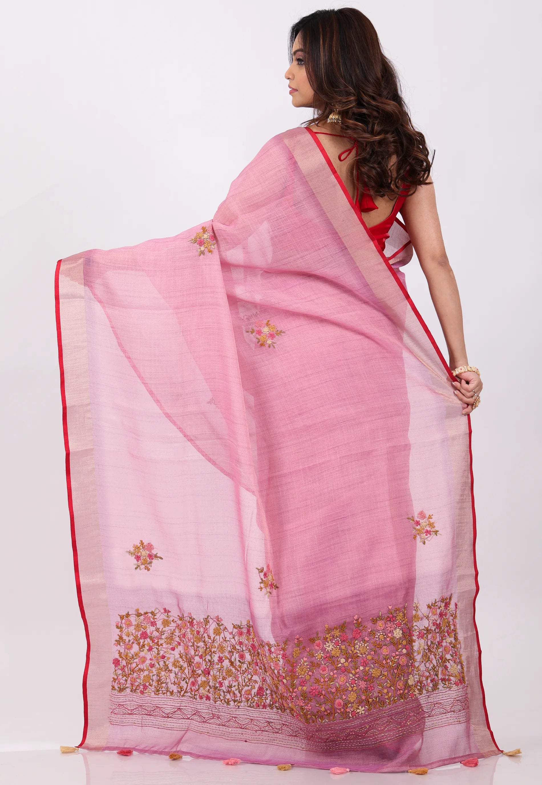 Onion Pink Kantha Silk Saree With Blouse Piece - Adi Akshoy & Co.