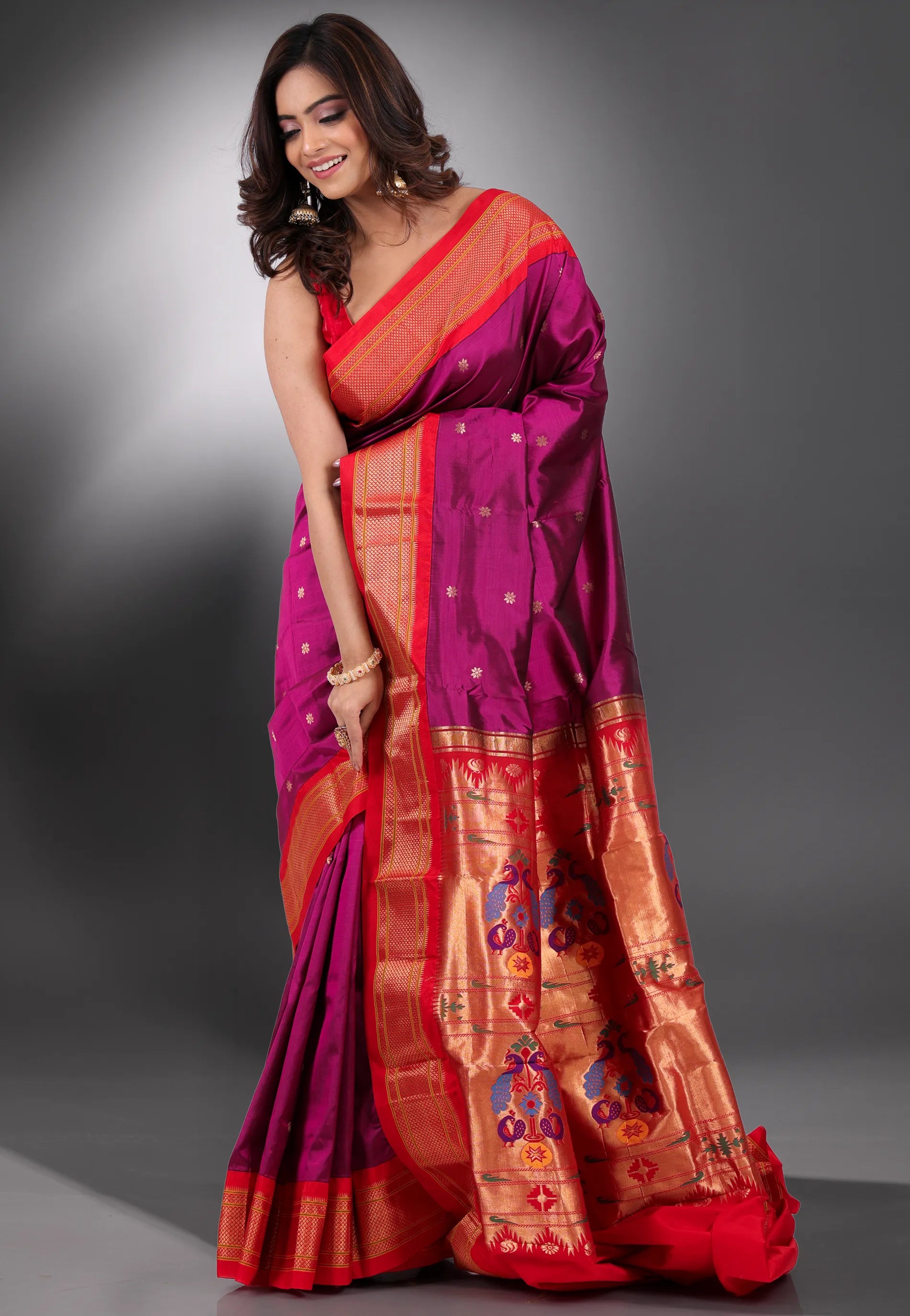 Magenta with Red Zari Border Pure Paithani Silk Saree With Blouse Piece - Adi Akshoy & Co.