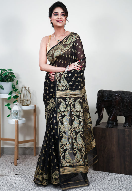 Black Dhakai Jamdani Cotton Saree without Blouse Piece