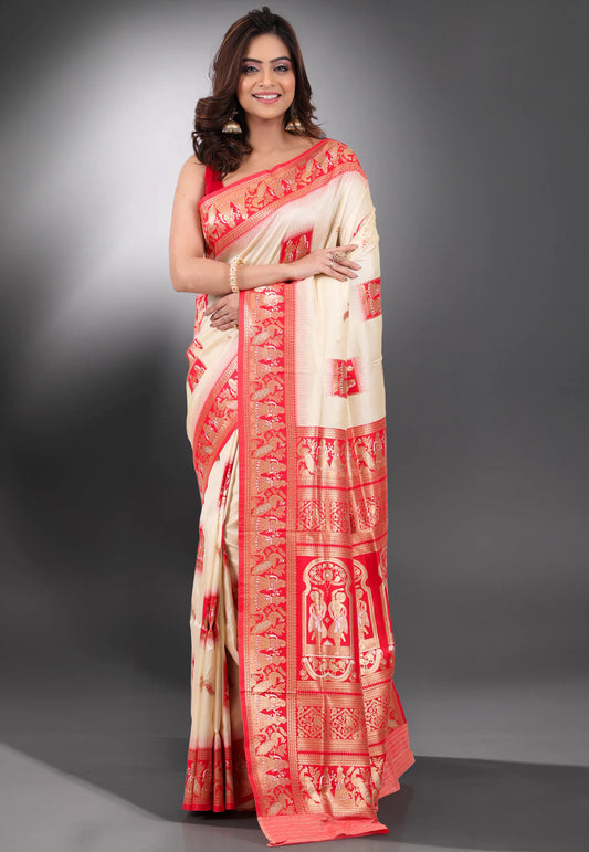 Beige with Red Border Baluchari Silk Saree with Blouse Piece - Adi Akshoy & Co.