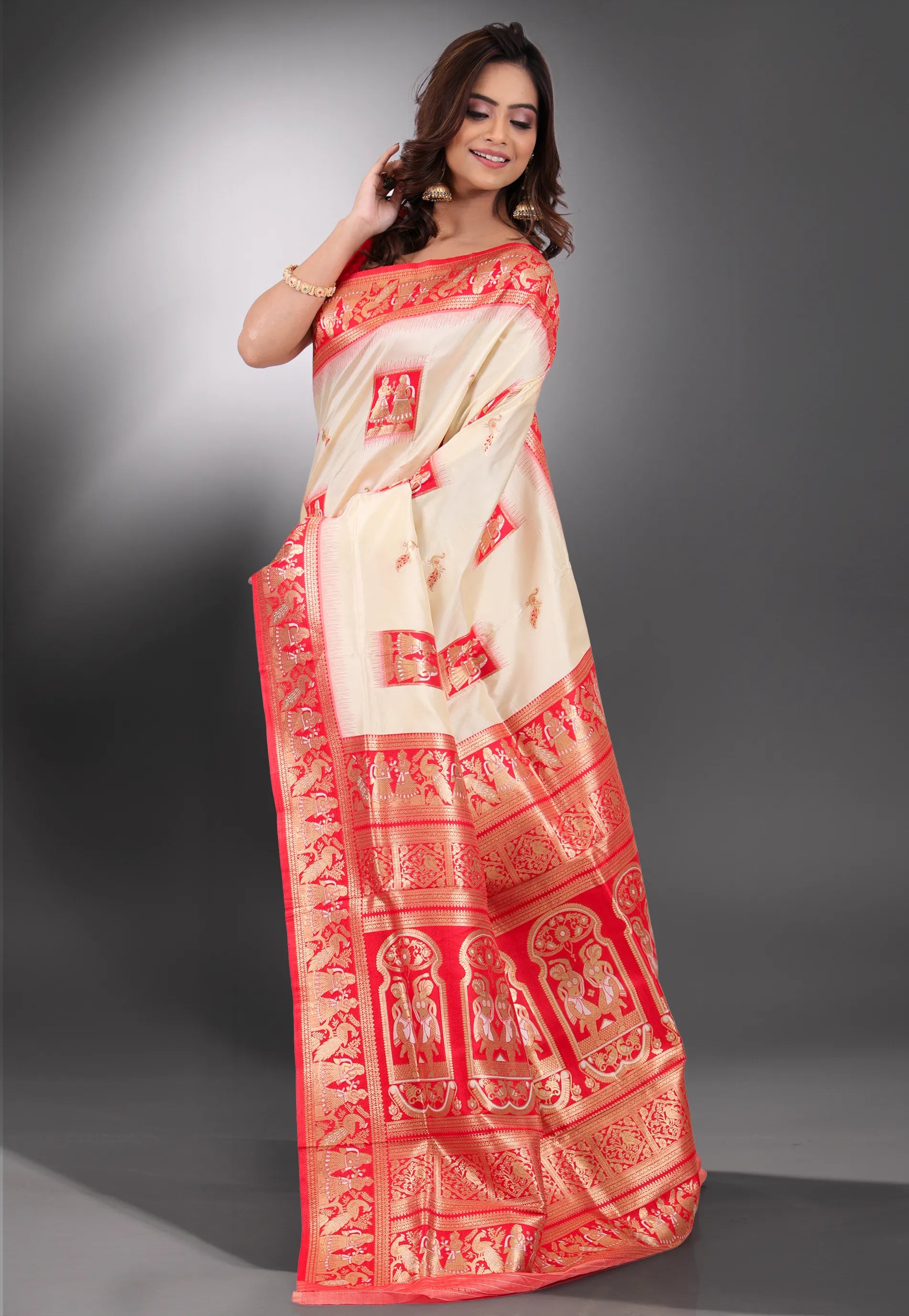 Beige with Red Border Baluchari Silk Saree with Blouse Piece - Adi Akshoy & Co.