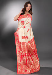 Beige with Red Border Baluchari Silk Saree with Blouse Piece - Adi Akshoy & Co.