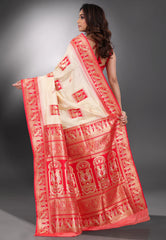Beige with Red Border Baluchari Silk Saree with Blouse Piece - Adi Akshoy & Co.