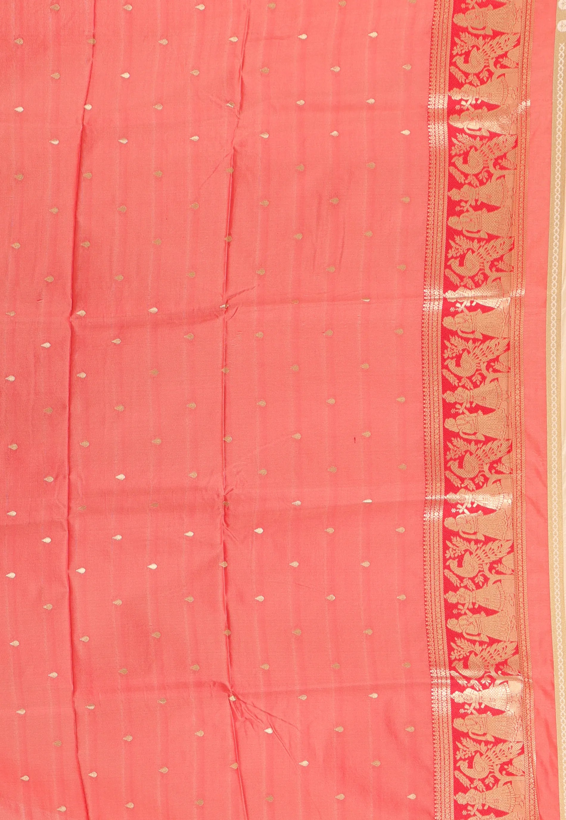 Beige with Red Border Baluchari Silk Saree with Blouse Piece - Adi Akshoy & Co.