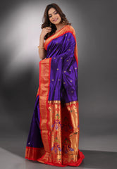 Blue with Red Border Paithani Pure Silk Saree With Blouse Piece - Adi Akshoy & Co.