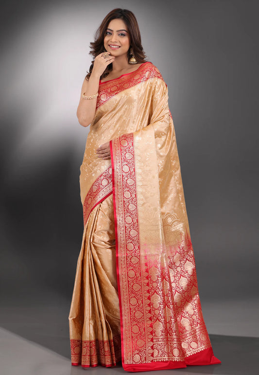 Beige with Red Border Pastel Benarasi Saree With Blouse Piece - Adi Akshoy & Co.