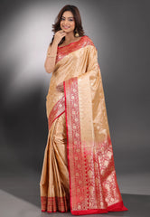 Beige with Red Border Pastel Benarasi Saree With Blouse Piece - Adi Akshoy & Co.