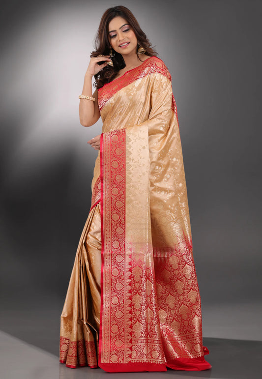 Beige with Red Border Pastel Benarasi Saree With Blouse Piece - Adi Akshoy & Co.