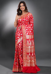 Red Wedding Banarasi Silk Saree with Blouse Piece - Adi Akshoy & Co.